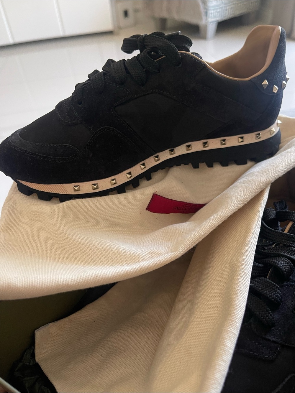 Valentino womens Black Rockrunner Studded Leather & Suede Sneaker - Picture 7 of 10